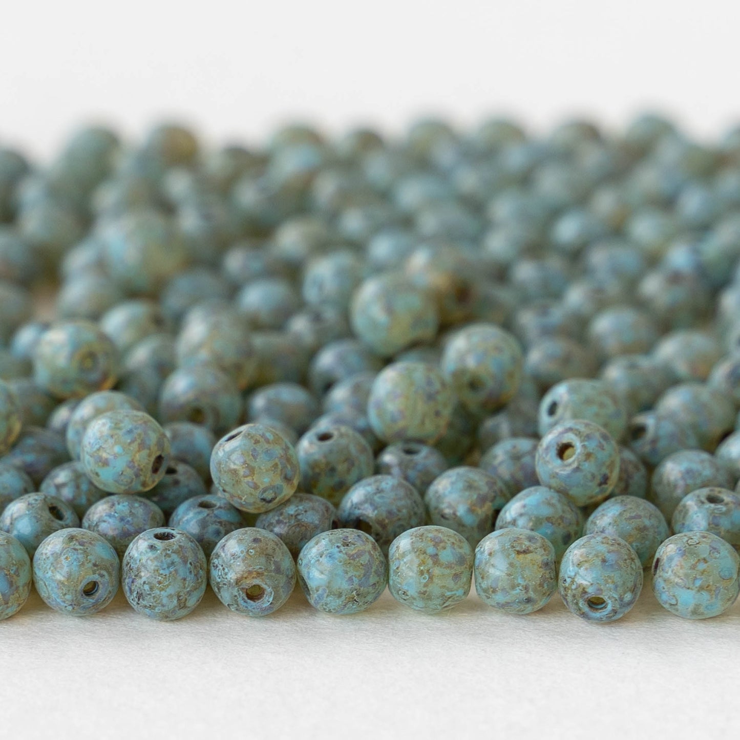 4mm Round Glass Beads - Matte Mottled Green Blue - 50 or 100 beads