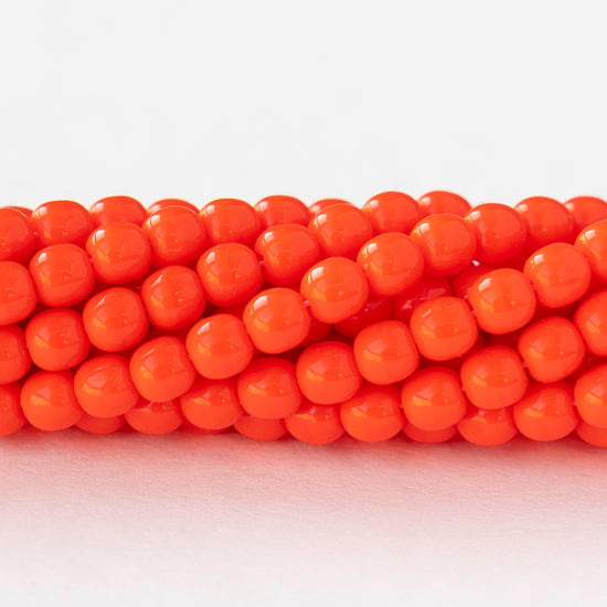 4mm Round Glass Beads - Opaque Bright Orange - 100 Beads