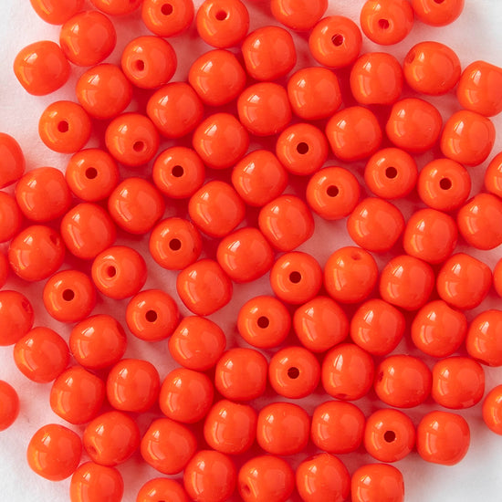 4mm Round Glass Beads - Opaque Bright Orange - 100 Beads