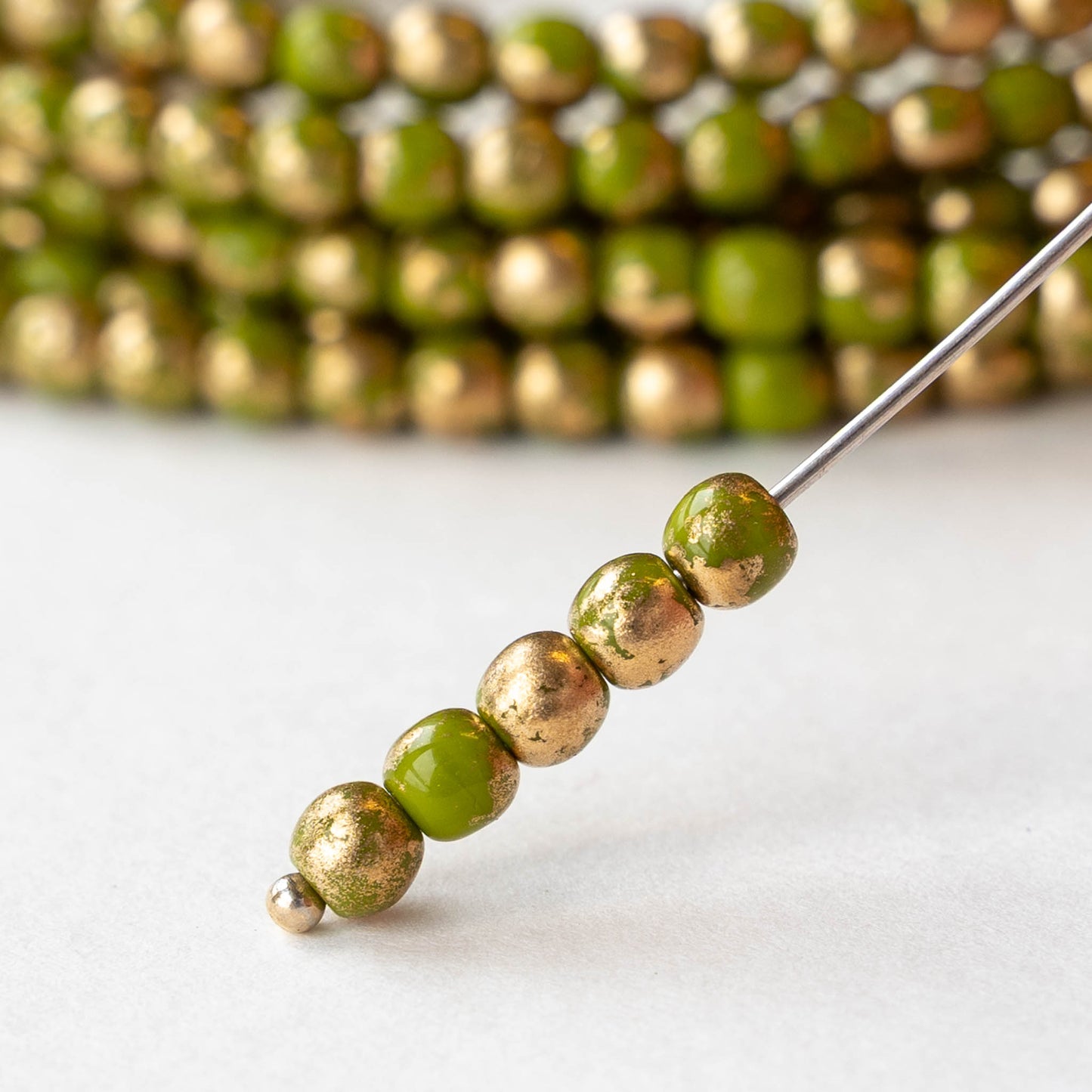 4mm Round Glass Beads - Opaque Green with Gold Dust - 50 beads