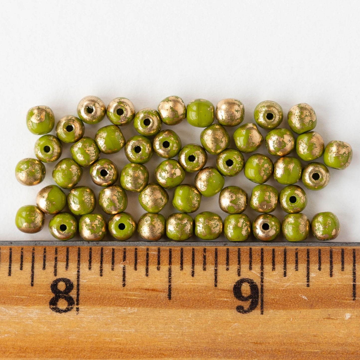 4mm Round Glass Beads - Opaque Green with Gold Dust - 50 beads