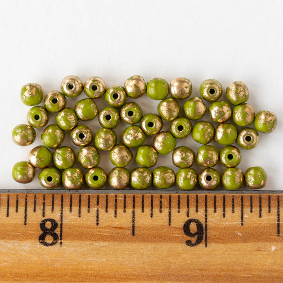 4mm Round Glass Beads - Opaque Green with Gold Dust - 50 beads