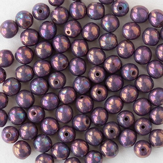 4mm Round Glass Beads - Opaque Purple Luster - 50 or 100 beads