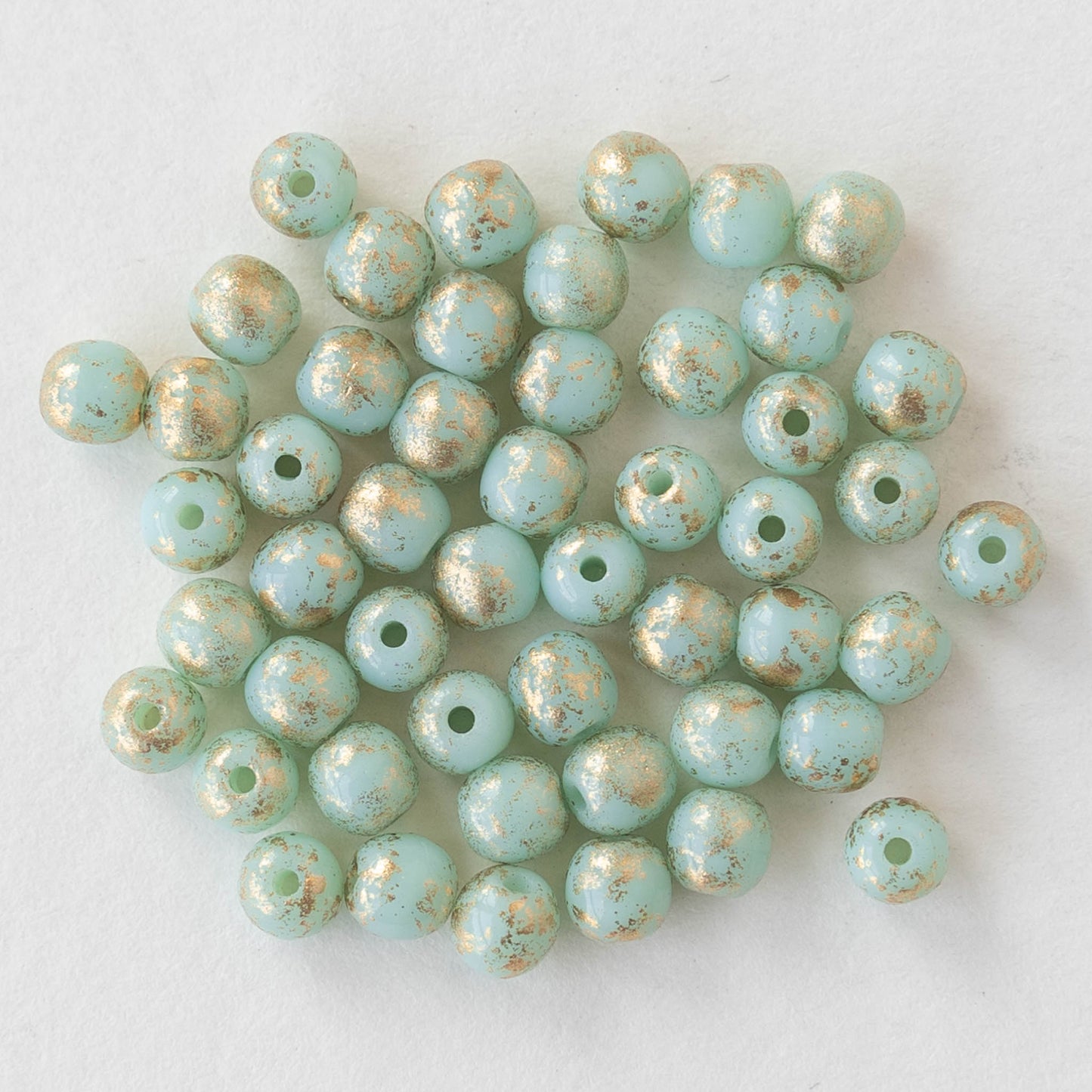 4mm Round Glass Beads - Mint Green with Gold - 50 Beads