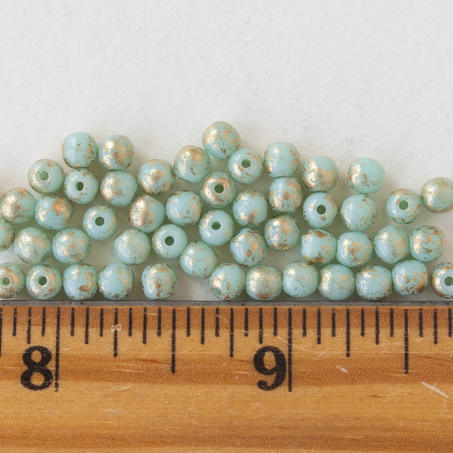 4mm Round Glass Beads - Mint Green with Gold - 50 Beads