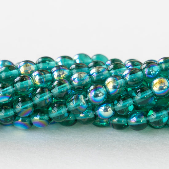 4mm Round Glass Beads - Transparent Teal AB - 100 Beads