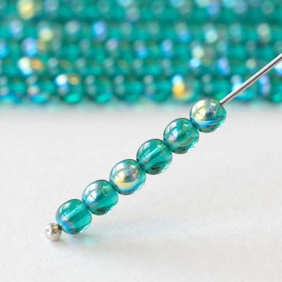 4mm Round Glass Beads - Transparent Teal AB - 100 Beads