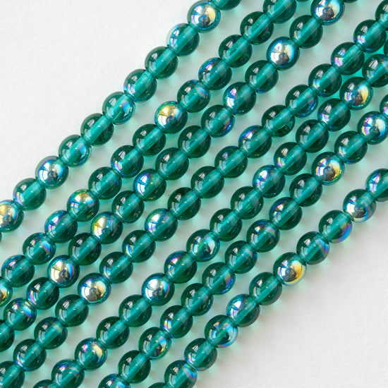 4mm Round Glass Beads - Transparent Teal AB - 100 Beads