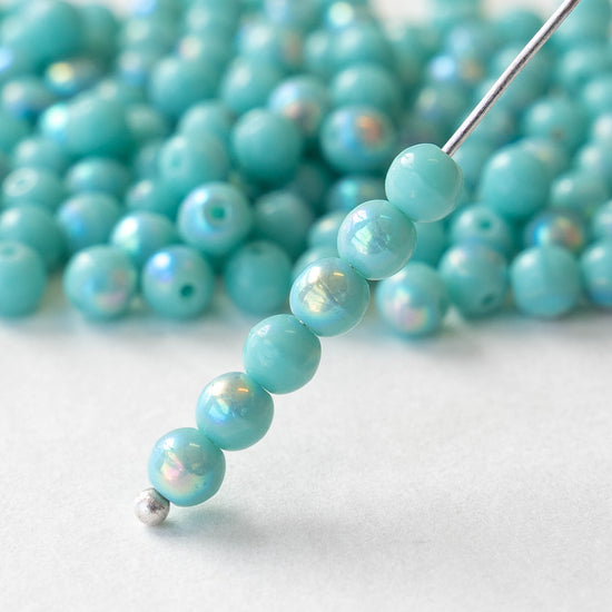 4mm Round Glass Beads - Seafoam Shine - 100 Beads