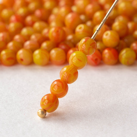 4mm Round Glass Beads - Orange Yellow Mix - 120 Beads