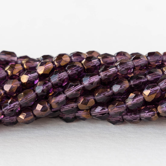 4mm Round Faceted Glass Beads - Amethyst Bronze Luster - 50 Beads