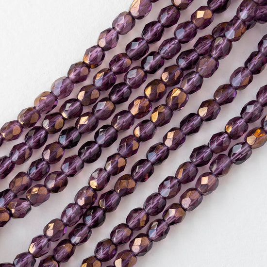 4mm Round Faceted Glass Beads - Amethyst Bronze Luster - 50 Beads