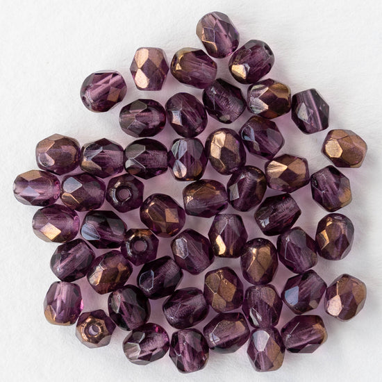 4mm Round Faceted Glass Beads - Amethyst Bronze Luster - 50 Beads