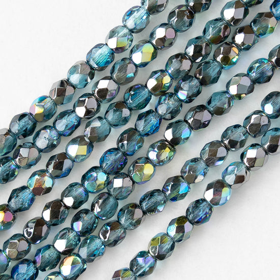 4mm Faceted Round Beads - Aqua Graphite AB - 6 inch strand - 40 beads