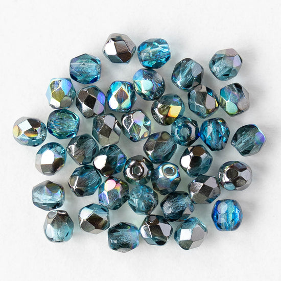 4mm Faceted Round Beads - Aqua Graphite AB - 6 inch strand - 40 beads