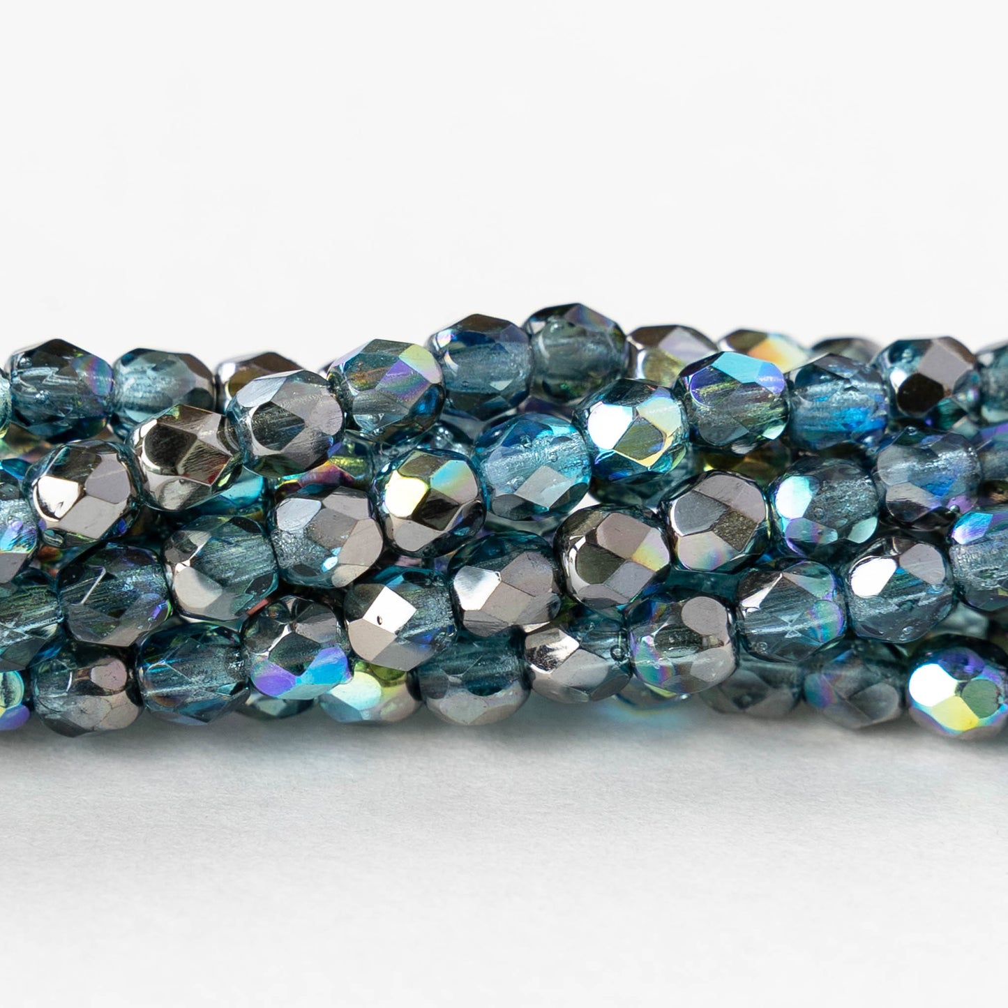 4mm Faceted Round Beads - Aqua Graphite AB - 6 inch strand - 40 beads