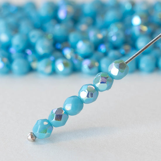 4mm Round Beads - Opaque Aqua Sparkle - 50 beads