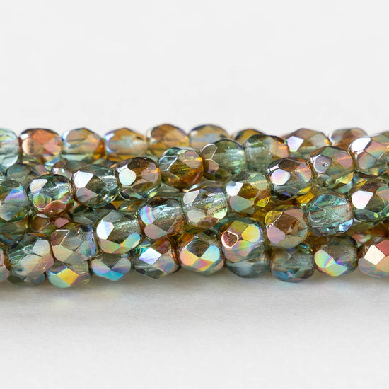 4mm Round Faceted Glass Beads - Aqua Orange Rainbow - 40 Beads