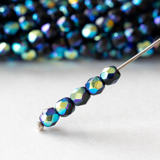 4mm Faceted Round Beads - Black AB - 50 beads