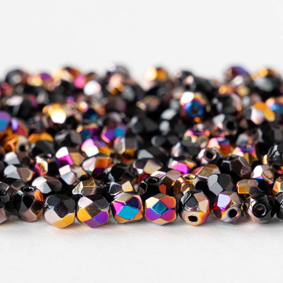 4mm Round Firepolished Glass Beads - Opaque Black with Marea Finish - 50 Beads