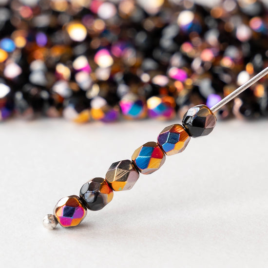 4mm Round Firepolished Glass Beads - Opaque Black with Marea Finish - 50 Beads