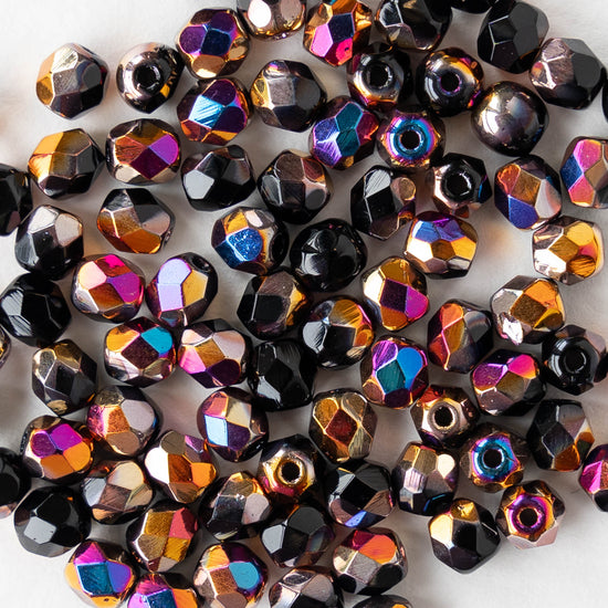 4mm Round Firepolished Glass Beads - Opaque Black with Marea Finish - 50 Beads