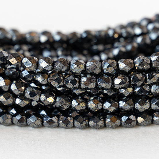 4mm Round Faceted Glass Beads - Hematite Luster- 50 Beads