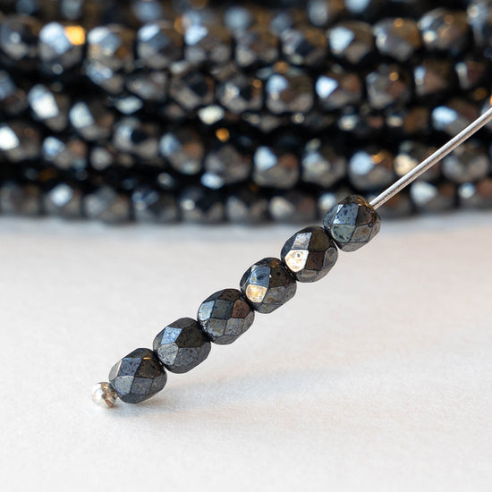 4mm Round Faceted Glass Beads - Hematite Luster- 50 Beads