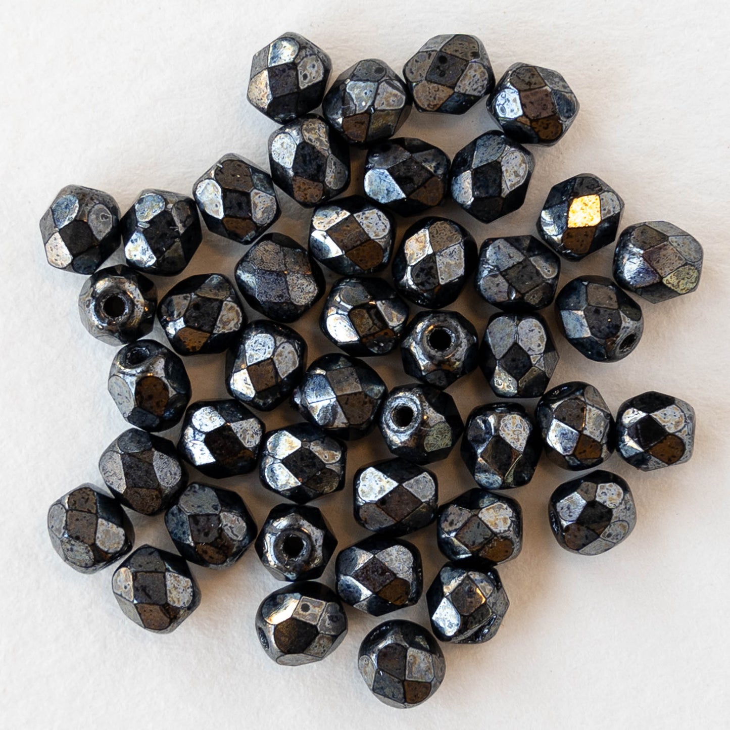 4mm Round Faceted Glass Beads - Hematite Luster- 50 Beads