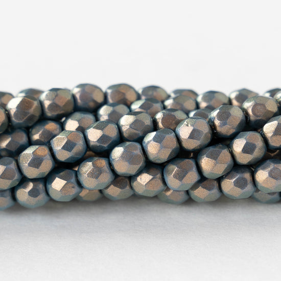 4mm Round Faceted Glass Beads - Opaque Blue with Gold Luster - 50 Beads