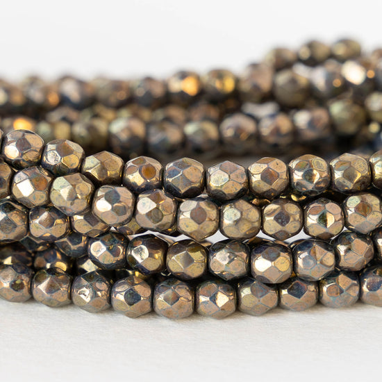 4mm Round Faceted Glass Beads - Opaque Green with Gold Luster - 50 Beads