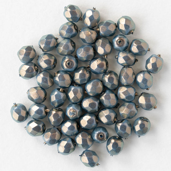 4mm Round Faceted Glass Beads - Opaque Blue with Gold Luster - 50 Beads