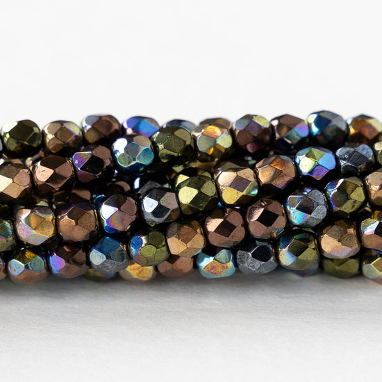 4mm Round Faceted Glass Beads - Metallic Dark Rainbow Finish - 50 Beads