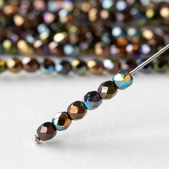 4mm Round Faceted Glass Beads - Metallic Dark Rainbow Finish - 50 Beads