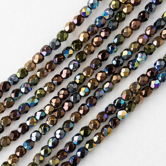 4mm Round Faceted Glass Beads - Metallic Dark Rainbow Finish - 50 Beads