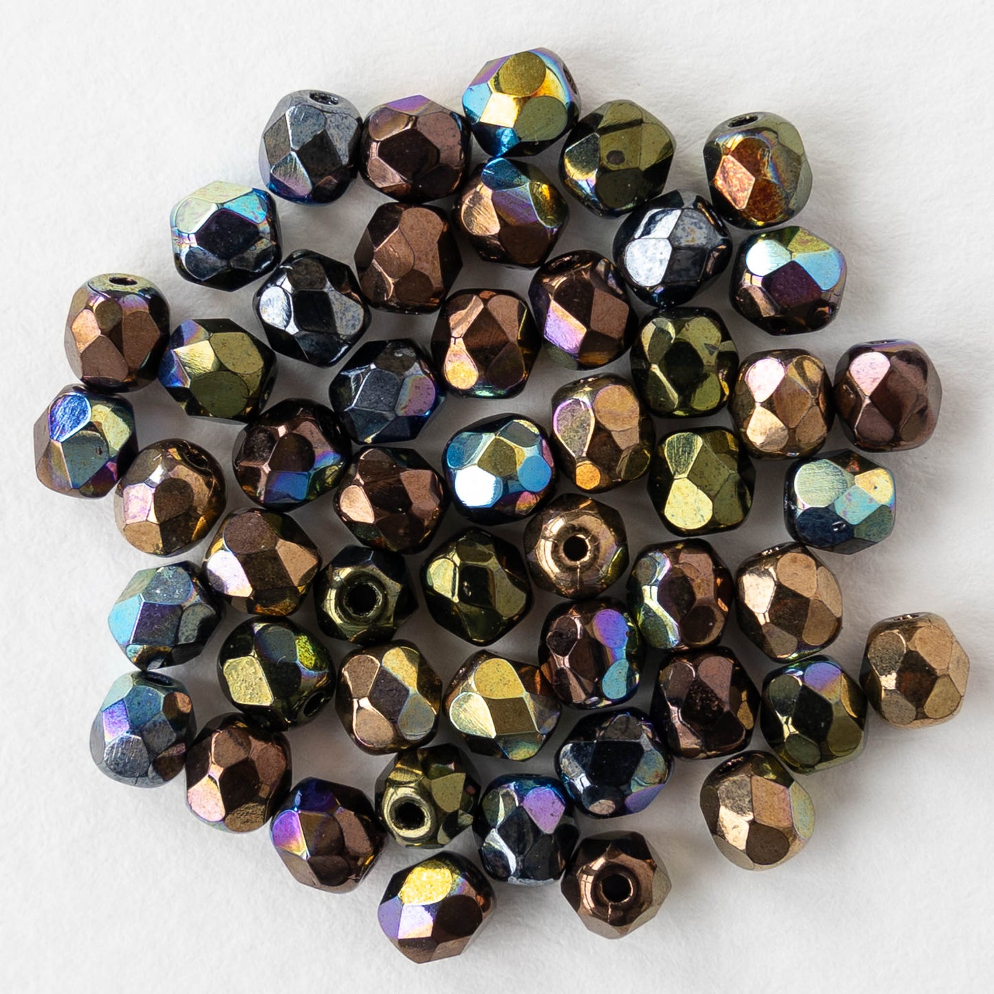 4mm Round Faceted Glass Beads - Metallic Dark Rainbow Finish - 50 Beads