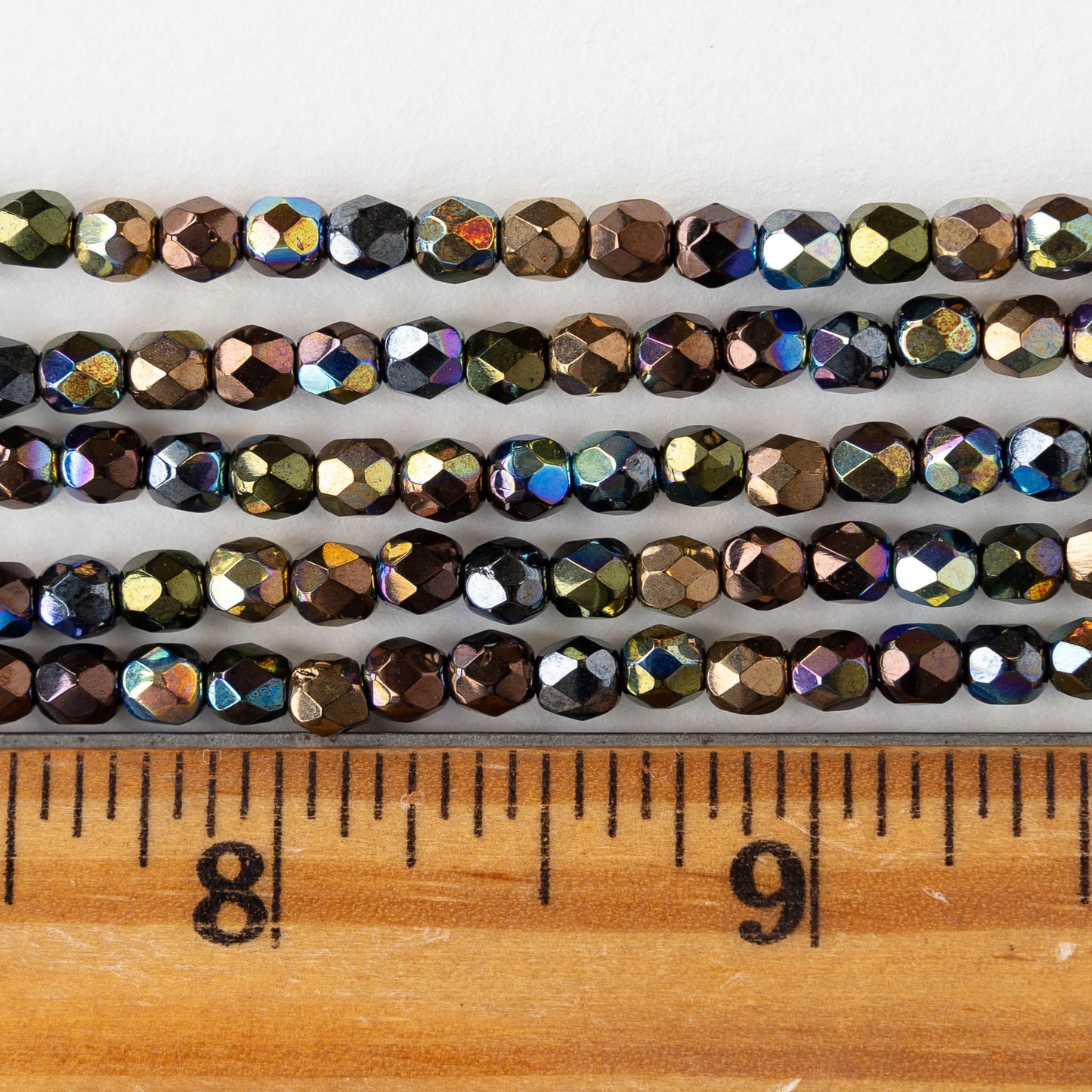 4mm Round Faceted Glass Beads - Metallic Dark Rainbow Finish - 50 Beads