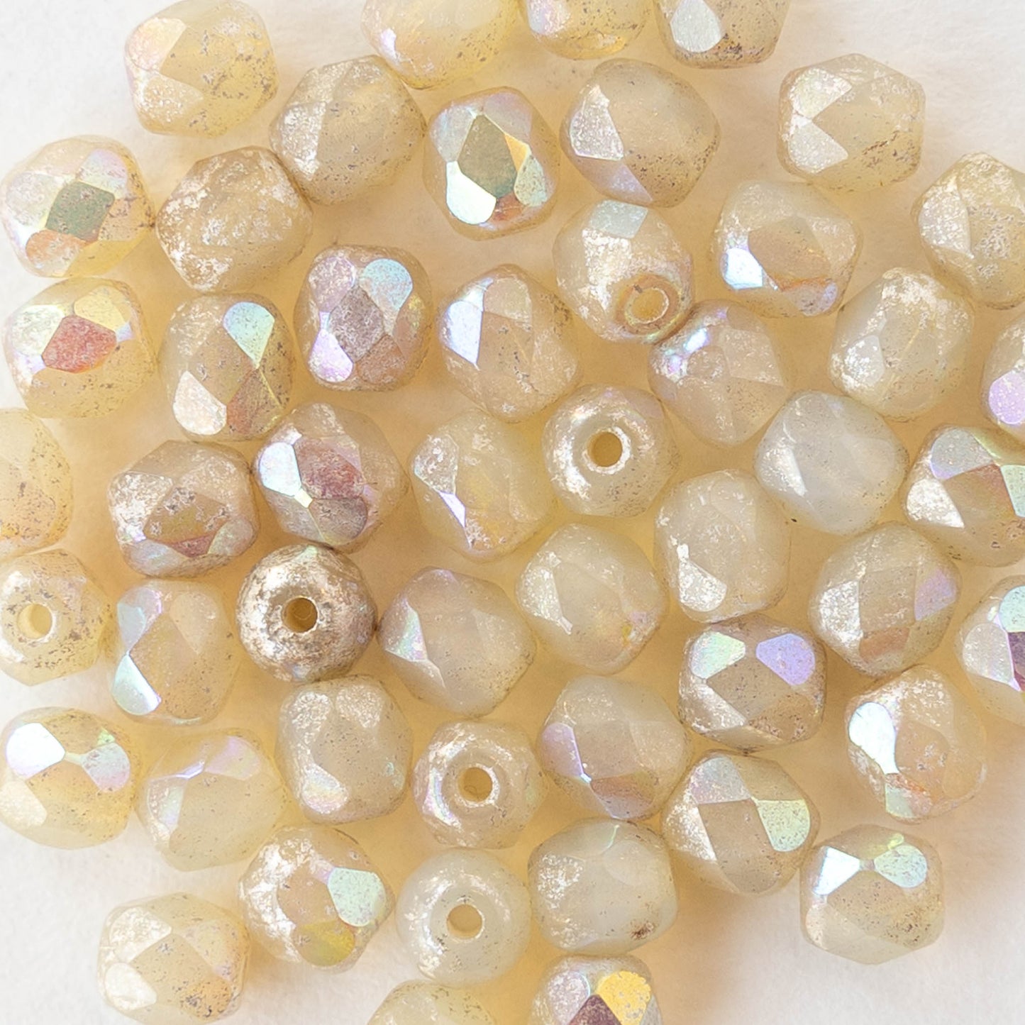 4mm Round Faceted Glass Beads - Opaline Ivory AB - 50 Beads