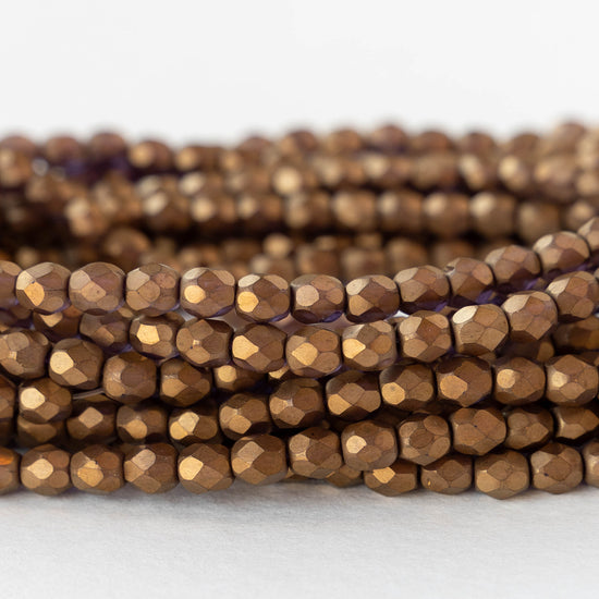 4mm Round Faceted Glass Beads - Metallic Matte Bronze - 50 Beads