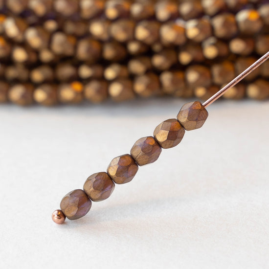 4mm Round Faceted Glass Beads - Metallic Matte Bronze - 50 Beads