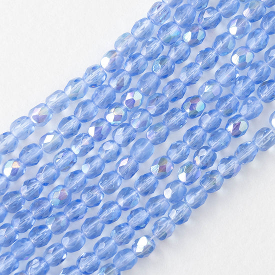 4mm Round Faceted Glass Beads - Transparent Sapphire Blue AB - 50 Beads