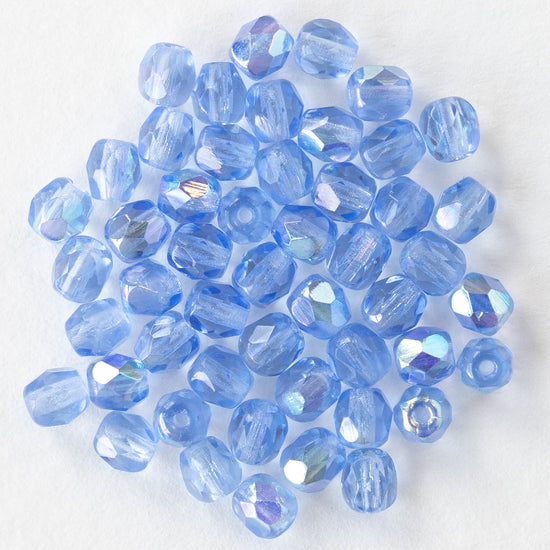 4mm Round Faceted Glass Beads - Transparent Sapphire Blue AB - 50 Beads