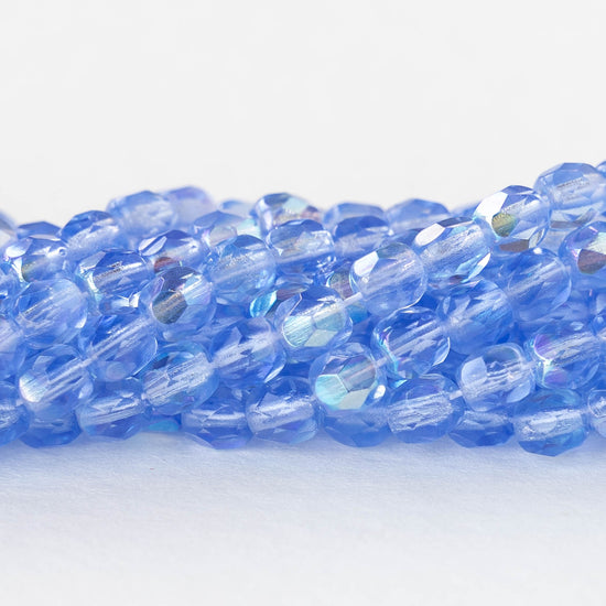 4mm Round Faceted Glass Beads - Transparent Sapphire Blue AB - 50 Beads