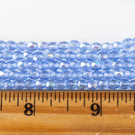 4mm Round Faceted Glass Beads - Transparent Sapphire Blue AB - 50 Beads