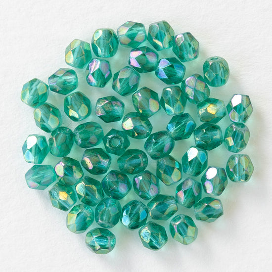 4mm Round Faceted Glass Beads - Transparent Emerald Luster - 50 Beads