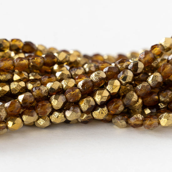 4mm Faceted Round Beads - Etched Amber Gold - 50 beads