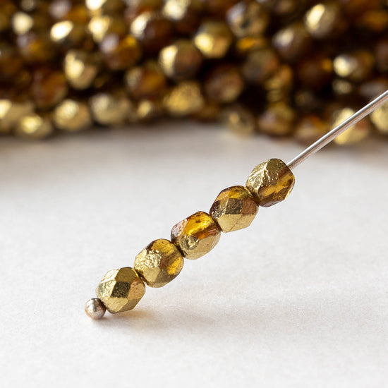 4mm Faceted Round Beads - Etched Amber Gold - 50 beads