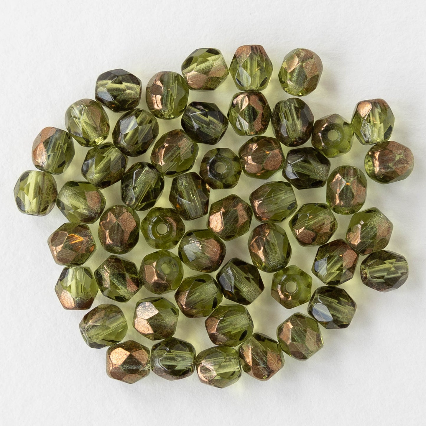 4mm Round Faceted Glass Beads - Transparent Olivine with Bronze - 50 Beads