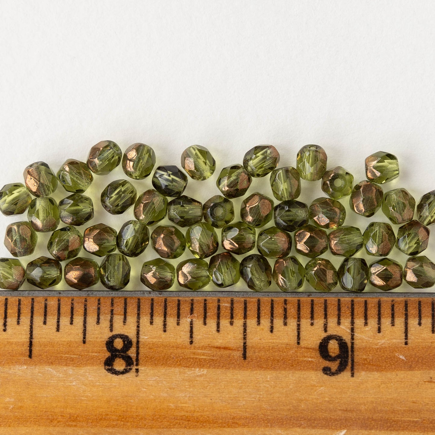 4mm Round Faceted Glass Beads - Transparent Olivine with Bronze - 50 Beads