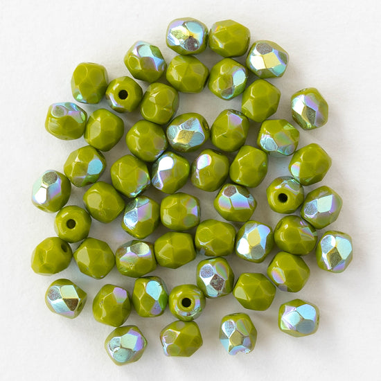 4mm Faceted Round Beads - Lime Green AB - 50 beads